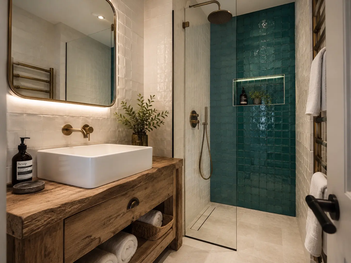 Azure design visual with peacock teal shower tiles, a raw oak vanity and brushed bronze fittings