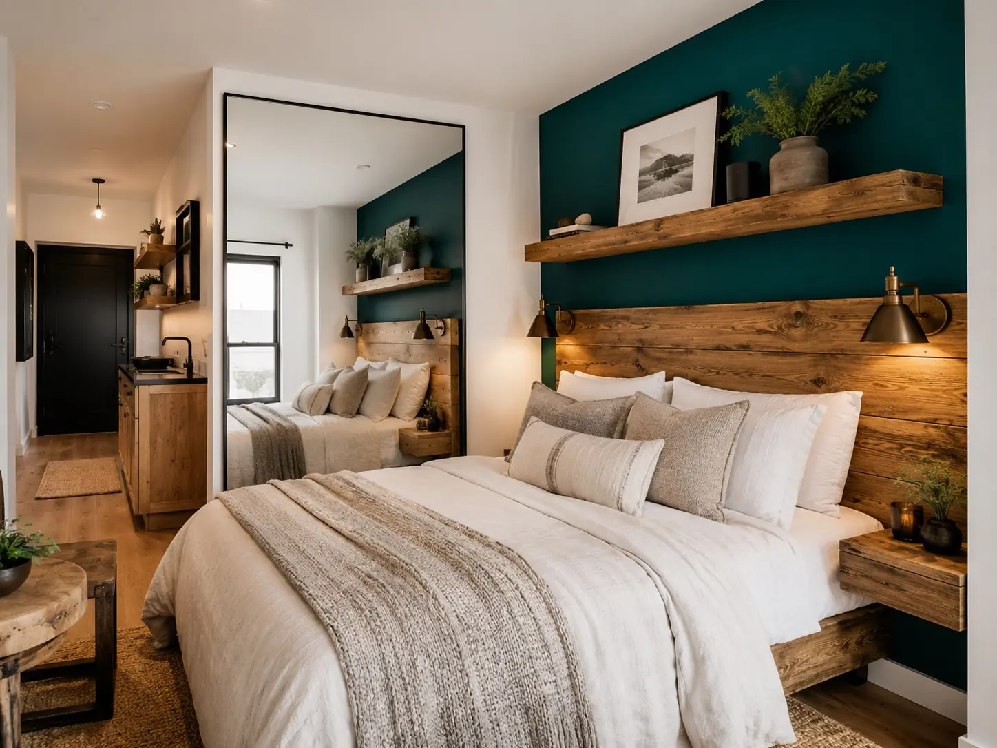 Azure design visual with a peacock teal feature wall, raw oak headboard and warm neutral textiles