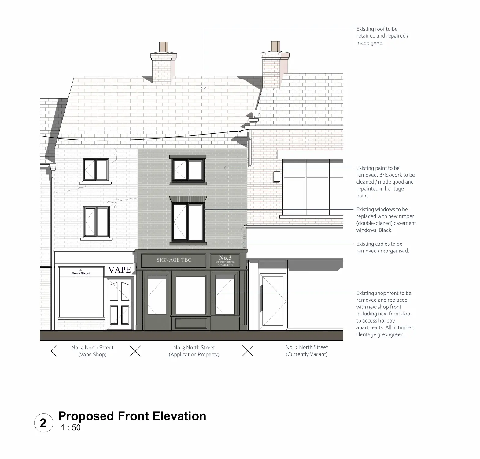 Architectural drawing of the approved proposed front elevation for 3 North Street, showing the new shopfront, separate upper-floor entrance, black timber windows and repaired brickwork