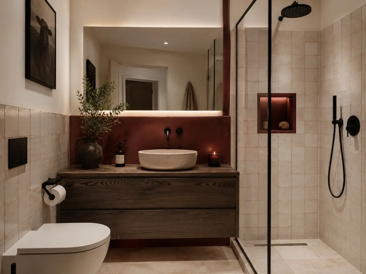 Rosso design visual with warm oyster tiles, a deep clay vanity wall and matt black shower fittings