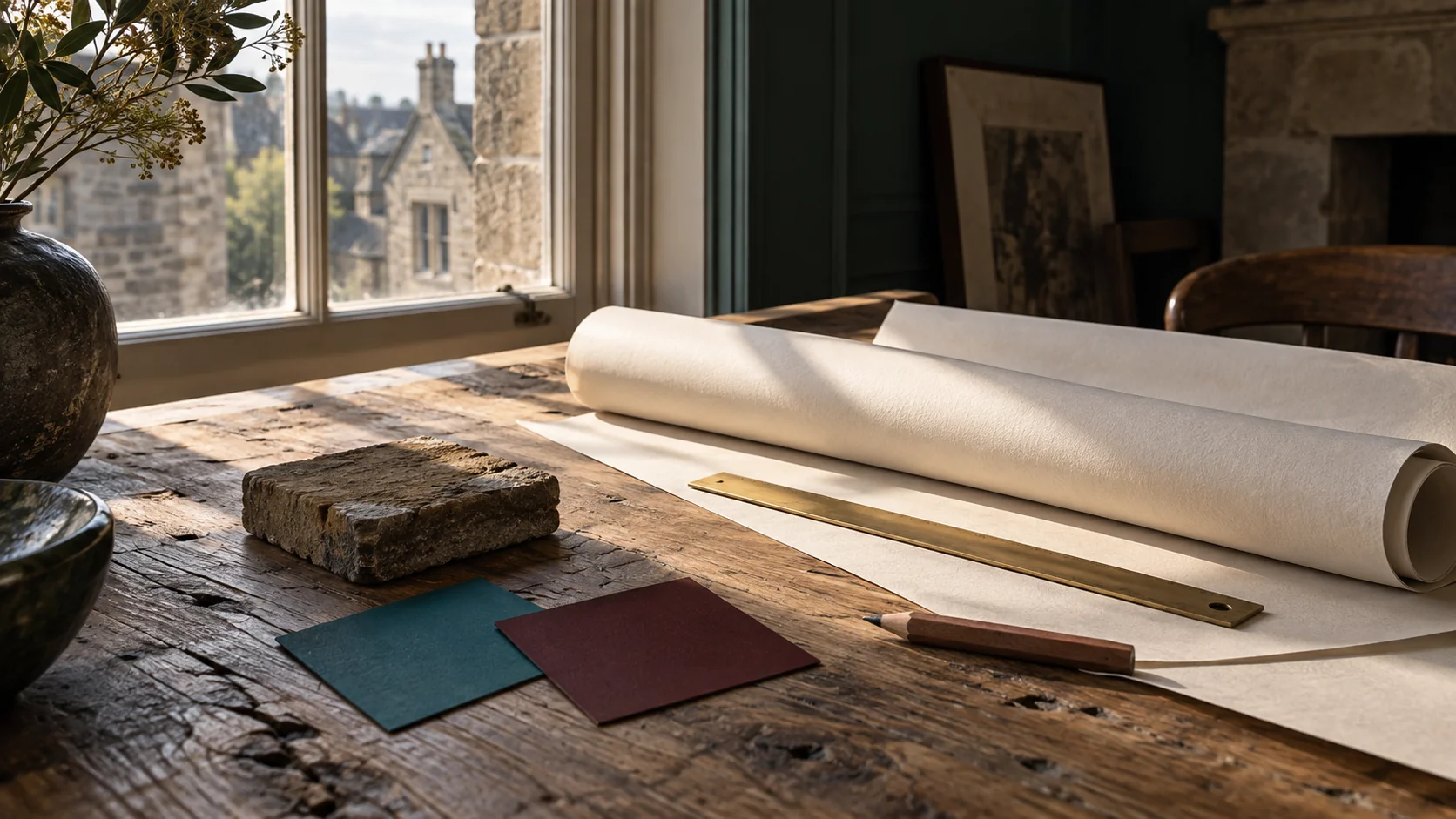 Architectural study of oak, rolled paper, a brass rule and material samples beside a sash window