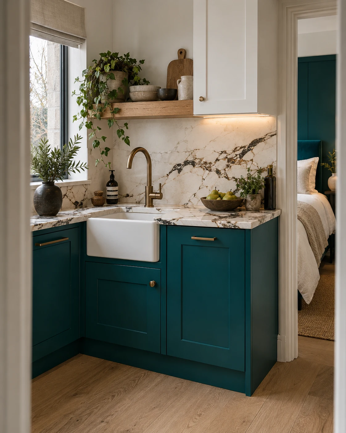 Azure Studio proposed design: peacock teal joinery, veined quartz, raw oak and brushed bronze