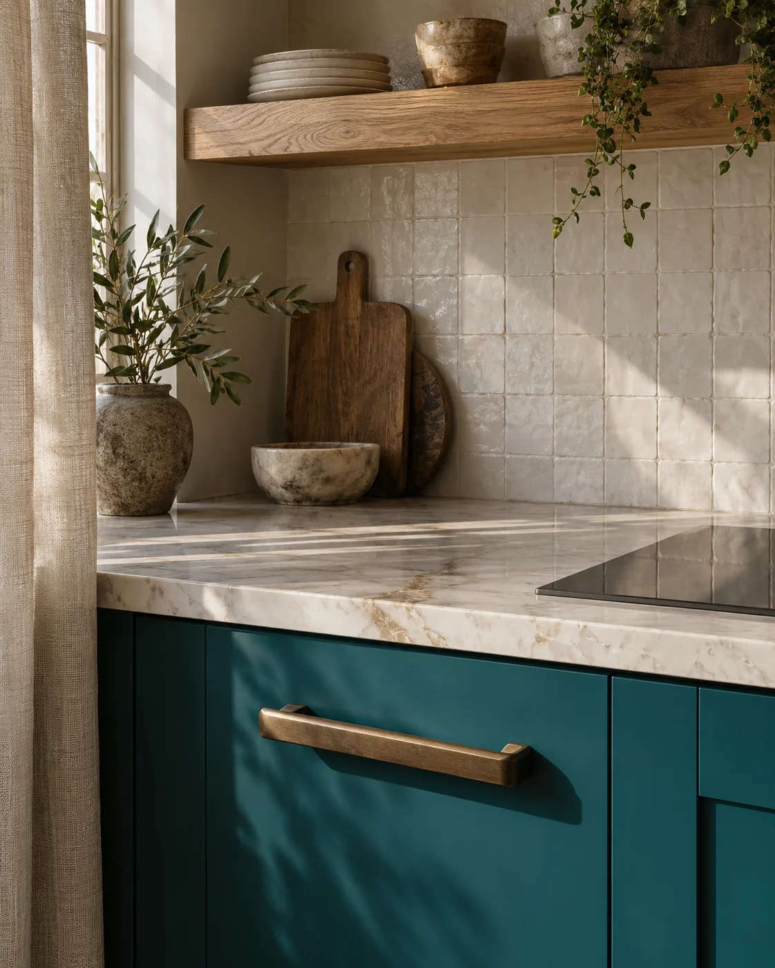 Design concept detail of teal joinery, brushed bronze, oak, white quartz and handmade tiles