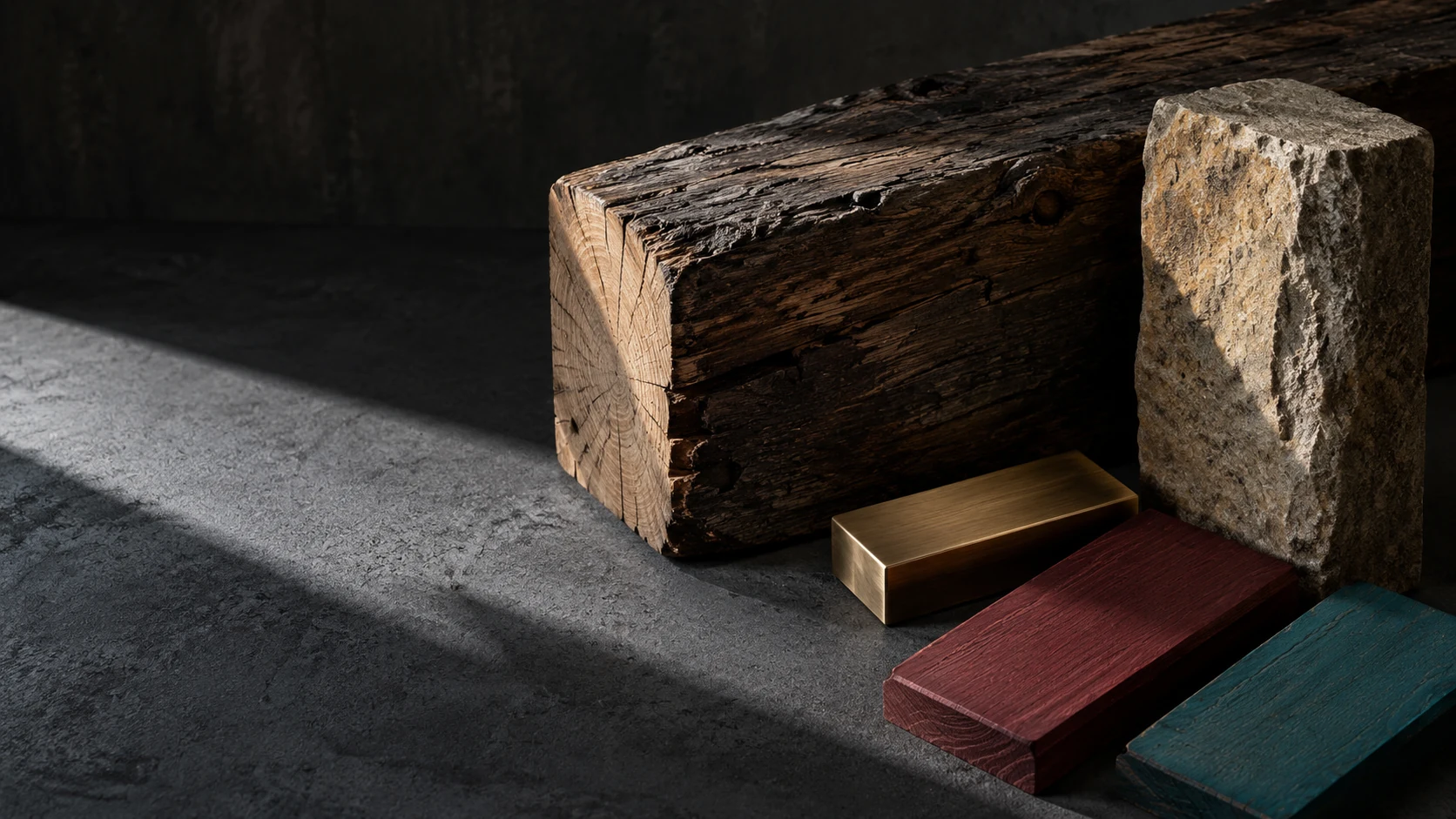 An architectural material study in reclaimed oak, sandstone, bronze, clay and teal