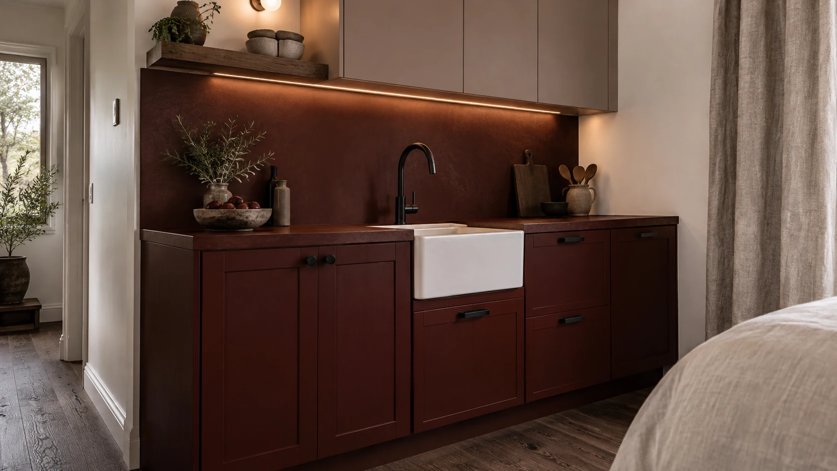 Rosso Studio proposed design: deep clay joinery and surfaces, smoked oak and matt black hardware