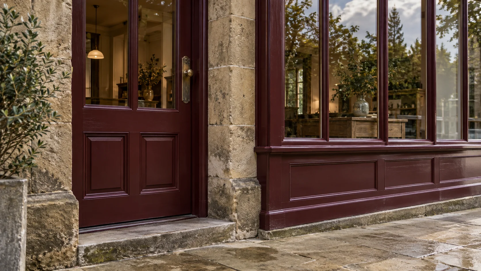 Architectural concept of an oxblood timber shop entrance within a Yorkshire stone surround